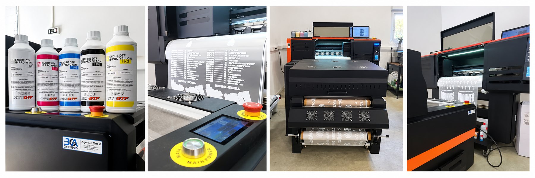 Machine NSP DTF HV2 Pro de l'atelier HPrint : encres NSP DTF, impression en cours, vue d'ensemble, suivi BGA Diffusion